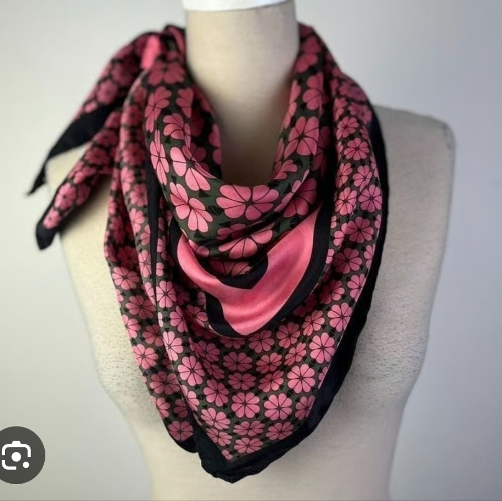 Kate Spade‎ New York Silk Ditsy Floral Scarf Barbie Pink Black Square Accessory